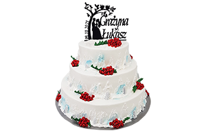 Tort weselny angielski trzypiętrowy dekoracja zimowa jarzębina z topperem