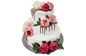Tort weselny trzypiętrowy angielski, piwonie oraz żywe listki